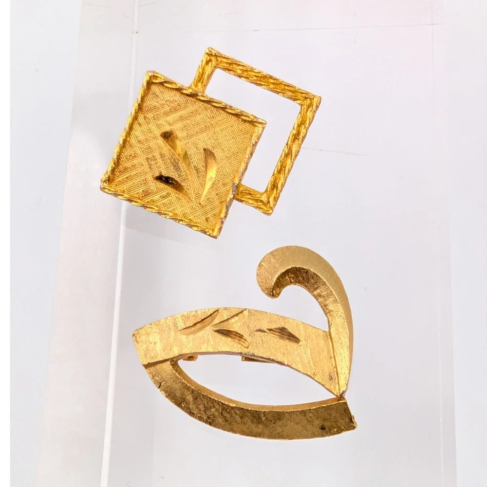 Vintage Mamselle Brooch Set of 2 Gold Tone MCM Abstract and Geometric Textured
